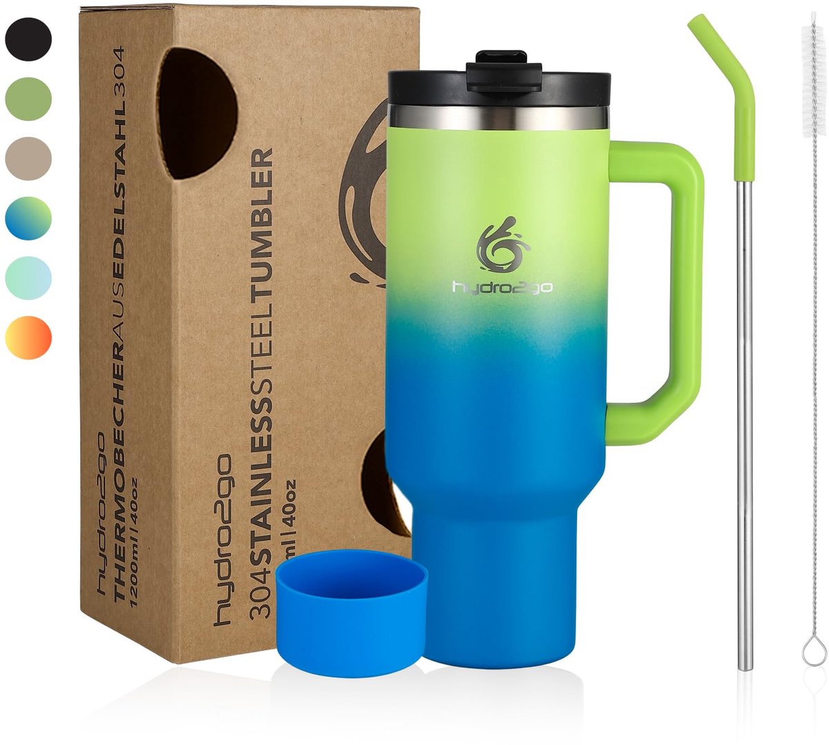 Hydro2go RVS Thermosbeker 1200 ml – 10u warm / 12u koud – met handvat & rietje – 100% lekvrij – Aardekleur