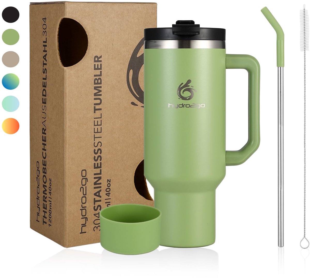 Hydro2go RVS Thermosbeker 1200 ml – 10u warm / 12u koud – met handvat & rietje – 100% lekvrij – Groene Thee