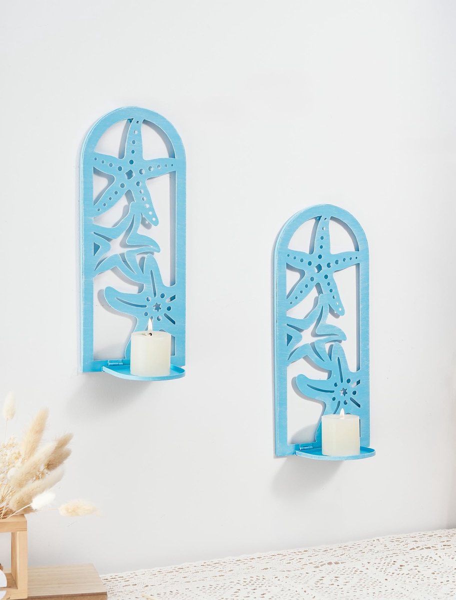 Ibenzoa® Vintage Maritieme Wandkandelaar Set: Blauwe Zeester Kaarsenhouder voor Unieke Zomerdecoratie
