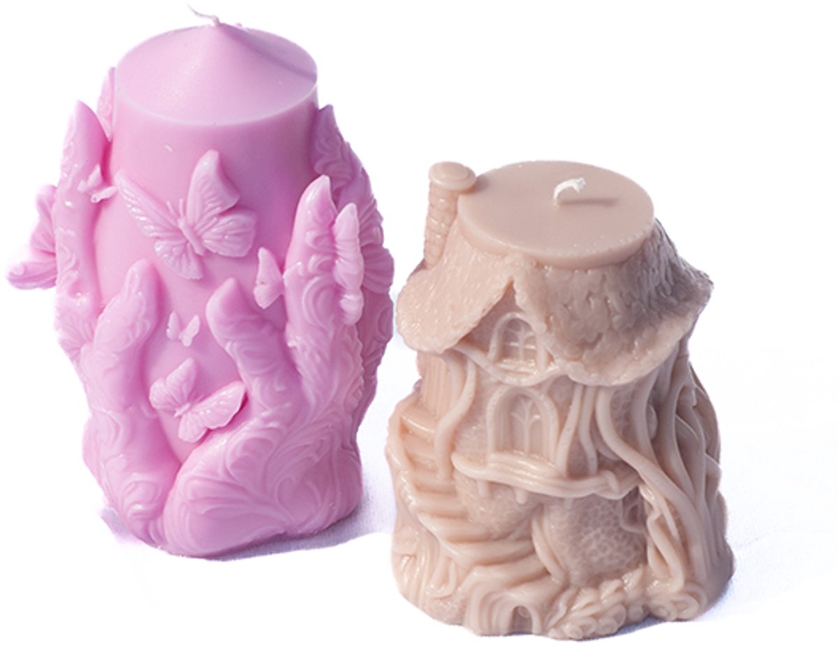 Handgemaakte Geurkaarsen Set – Handvorm met Vlinders & Sprookjeshuis – Magnolia & Autumn Spice Geur – Decoratief Cadeau