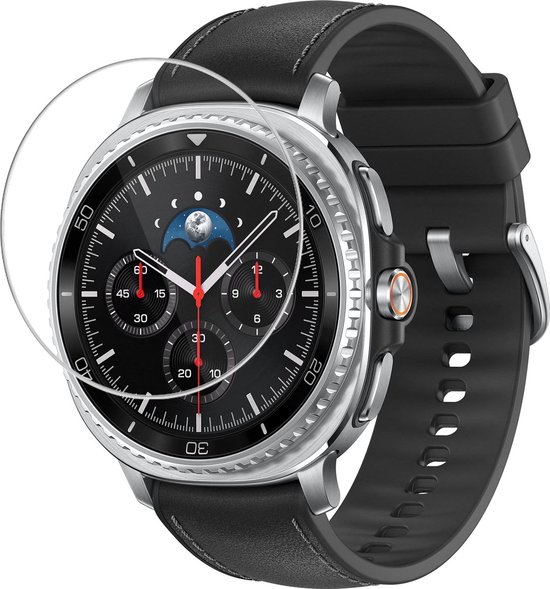 Zilverkleurig smartwatch met zwart leren bandje, zicht op de wijzerplaat met maanfase en chronograaf.