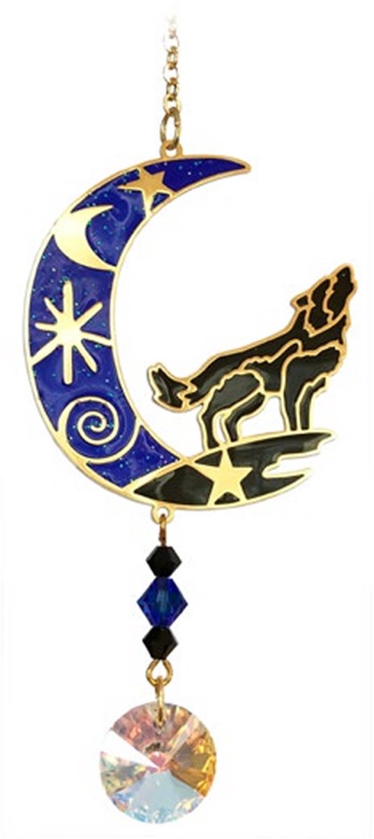 Suncatcher/Zonvanger/Zonnevanger - Wolf in de maan Moonlight - Crystal Dreams - Handgemaakt - 20mm Kristal - L20cm