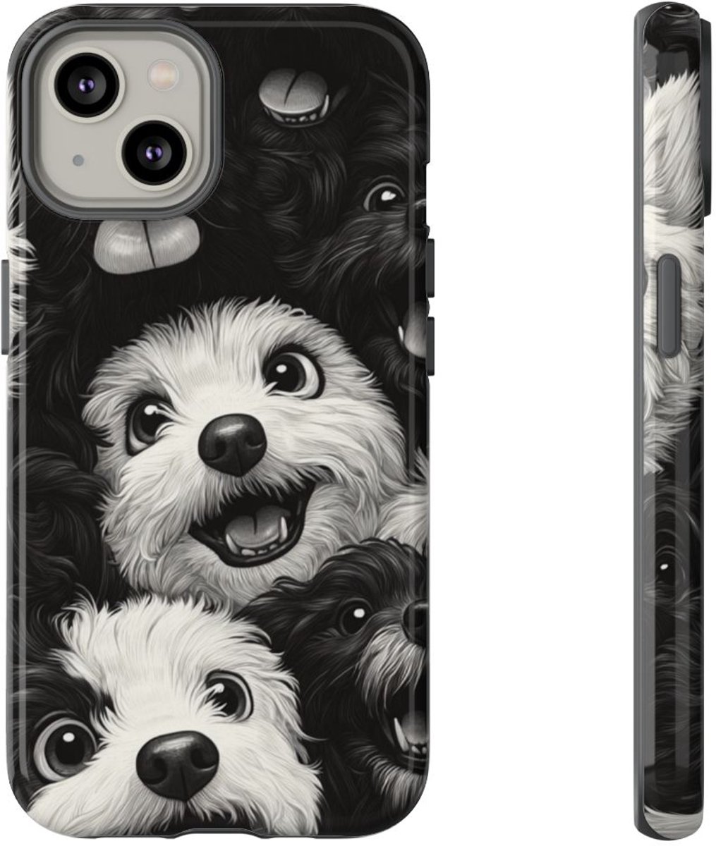 Zwart-Wit Vrolijke Hondenkoppen Patroon – Telefoonhoesje Geschikt voor iPhone 14