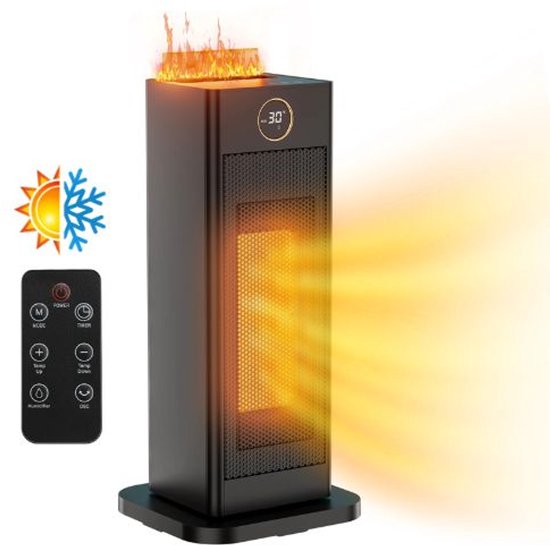 Serolux® - 3-in-1 Kachel,Ventilator en luchtbevochtiger - Verstelbare Temperatuur - Slimme thermostaat - Zeer stil - Timer van 1–12 uur - Keramische Kachel - Winter en Zomer - Afstandsbediening - 17 × 15 × 41cm - Zwart