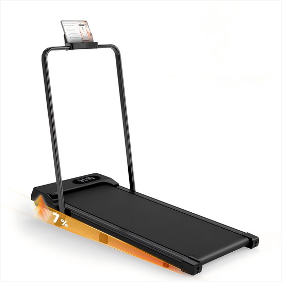 Loopband met 7% helling - Inklapbaar loopband Elektrisch met armleuningen, 1-8 km/u - met afstandsbediening en LCD-display - Walkingpad - Treadmill - Zwart