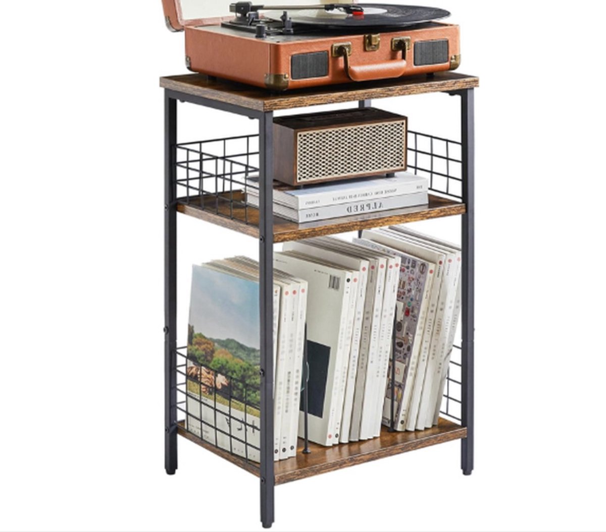 WNHB® Platenspeler Meubel Vintage Industriële Stijl - Vinyl Kast met Opbergruimte voor Platen en Platenspeler - Staand Dressoir en Bijzettafel