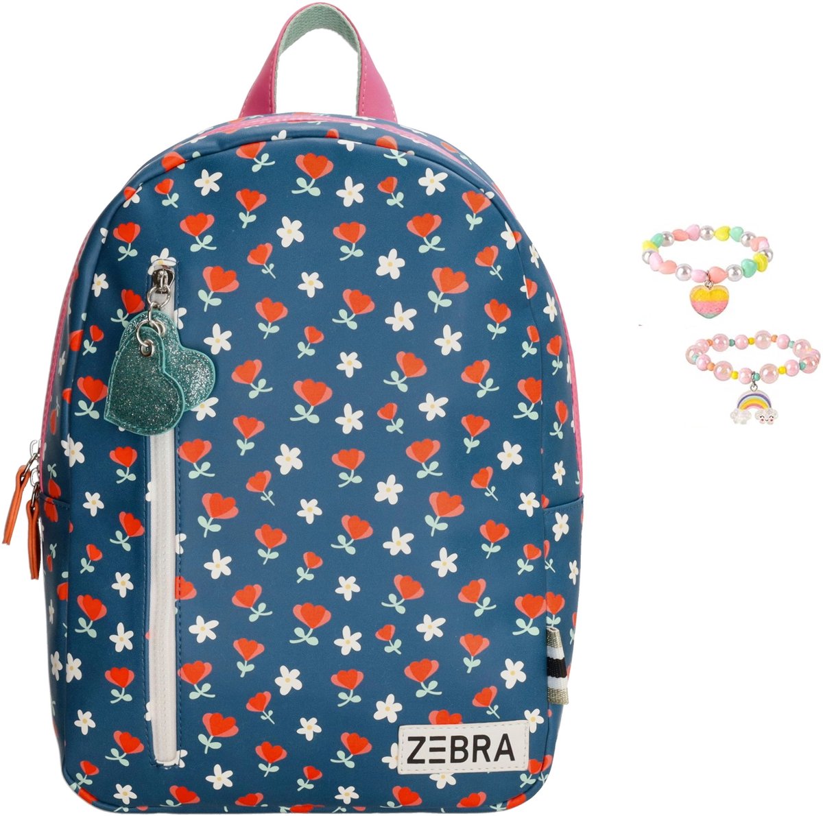 Zebra Rugzak Flowers Blue - schooltas meisje - rugtas bloemen - kinderrugtas, rugtas, kinderrugzak + armbandje