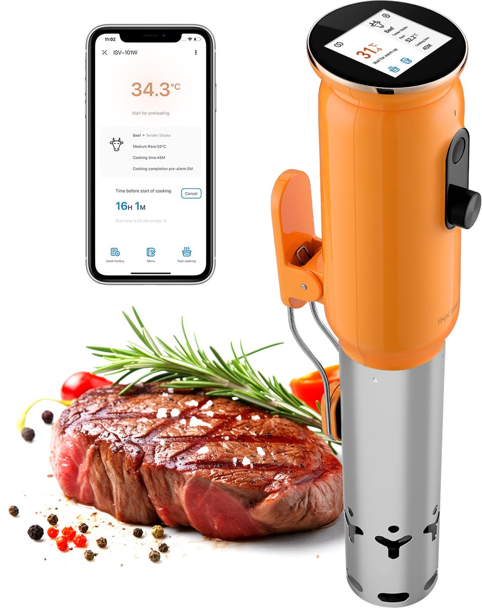 INKBIRD Luxury Orange – WiFi Sous-Vide Stick – Digitale Precisie Koker met App – Draadloos Sous-Vide Kooktoestel voor Vlees, Vis en Groenten - Model 2025!