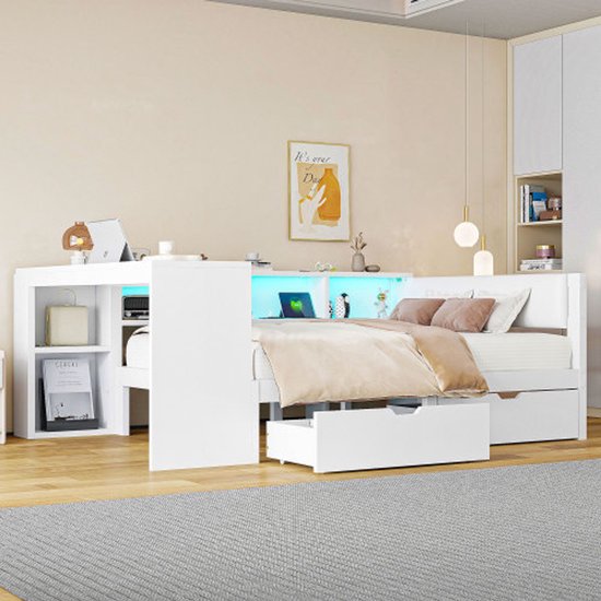 Kinderbed Met Opbergruimte 90x200 Cm Beige Fluweel, In Hoogte Verstelbare Hoofdbord, Met LED En Usb Zonder Matras