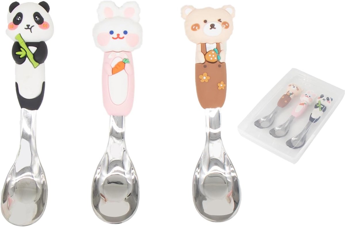 Kinderlepelset van roestvrij staal met opbergdoos, siliconen handvat in diervorm, kinderreisbestek, geschikt voor 3-6Kerstcadeau voor kinderen