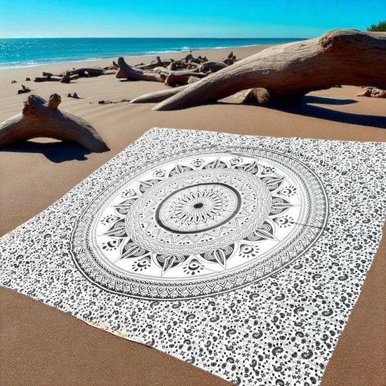 Super dun strandkleed - dun strandlaken - ruimtebesparend in je koffer - Mandala kleed - Yoga kleed - wandkleed - zomer sprei - Grijs/wit 210X220
