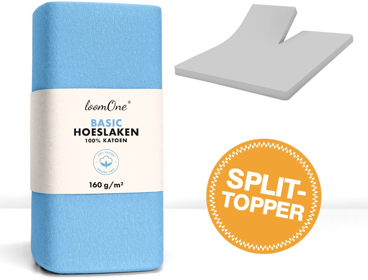 Loom One Hoeslaken Splittopper – 100% Jersey Katoen – 180x200 cm – tot 12cm matrasdikte– 160 g/m² – Lichtblauw