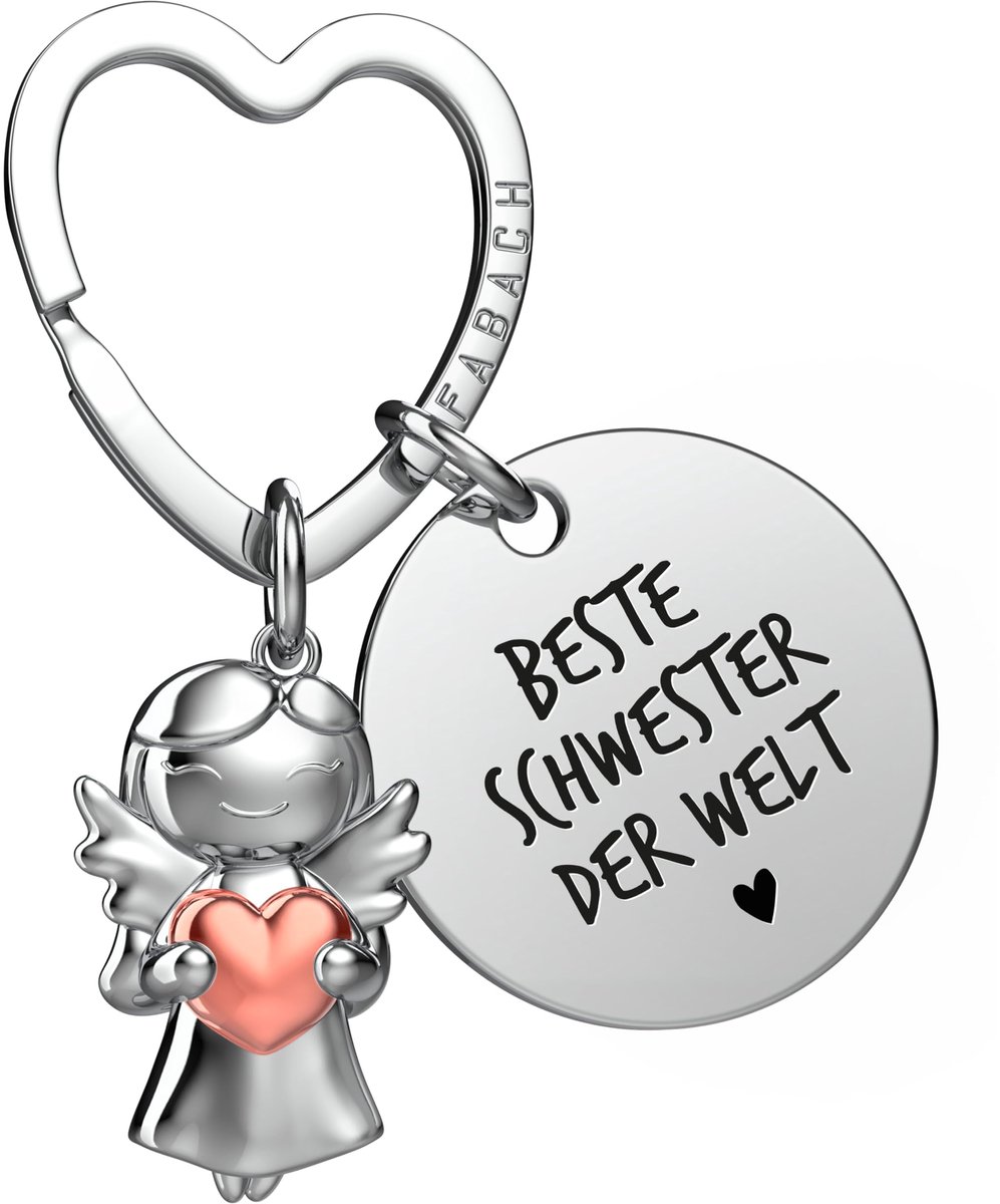 FABACH Beste Zus Sleutelhanger Beschermengel Geluksbrenger met Hart en Gravure - Beste Zus ter Wereld Cadeaus Broers en Zussen - Zus Cadeau Engel Geluksbrenger
