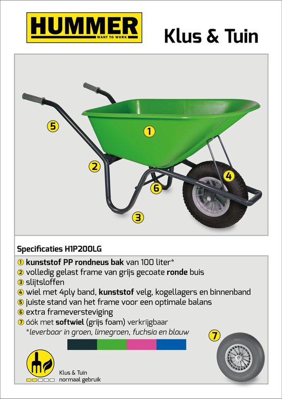 Hummer klus tuinkruiwagen 100L gecoat lime groen van Hummer — afbeelding 2