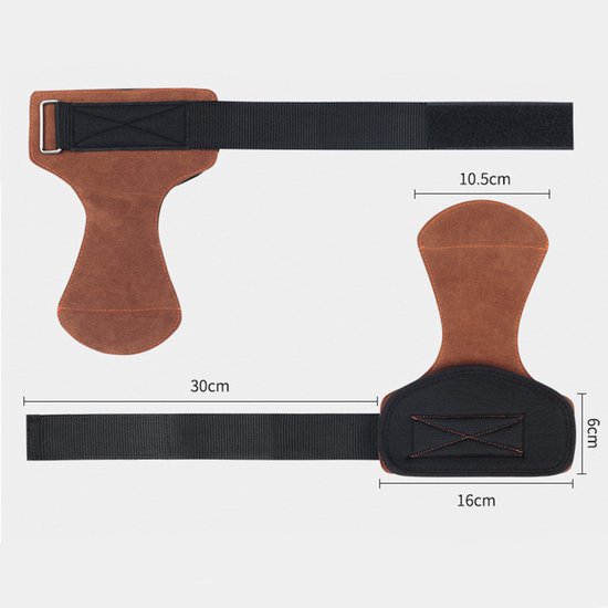 Bruine lederen grippads met zwarte verstelbare banden, afmetingen 30cm x 10.5cm en 16cm x 6cm.