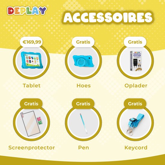 Overzicht van DEPLAY accessoires: tablet, hoes, oplader, screenprotector, pen en keycord
