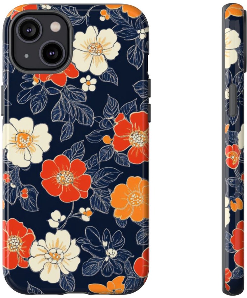 Oranje en Witte Bloemenprint – Telefoonhoesje Geschikt voor iPhone 14 Plus