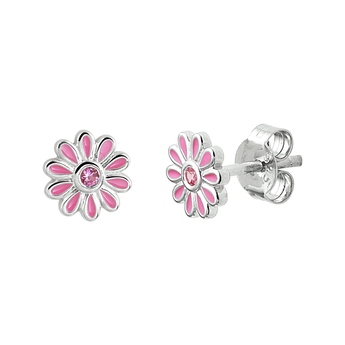Yep! oorknoppen emaille bloem roze zirkonia 7 mm - 7 mm - Zilver