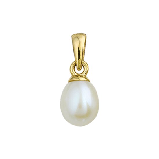 Gouden hanger met een enkele, ovale witte parel.