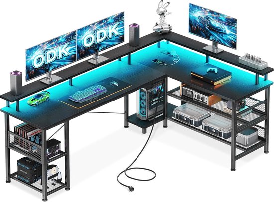 U-vormig bureau met 4 laden en LED-verlichting voor thuiskantoor en gaming