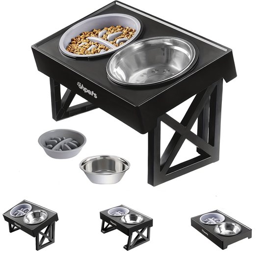 Ohpets® Schuine Verhoogde Voerbak Hond Met Standaard - Dubbele Voerbak Hond - Drinkbak Hond Verstelbaar - Anti Schrokbak, RVS & Anti knoei, Slowfeeder - Hondenvoerbak - Zwart - Geschikt voor Grote en Kleine Honden en Kat