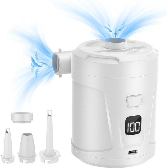 Luchtpomp-Luchtcompressor - Elektrische luchtpomp - Zwembadpomp-Draagbaar- Met LED-batterij-indicator-5200 mAh - 40 0 l/min-Oplaadbare accu - Met 4 spuitmonden - Snelpomp voor boot/luchtbed - wit van Merkloos — afbeelding 2
