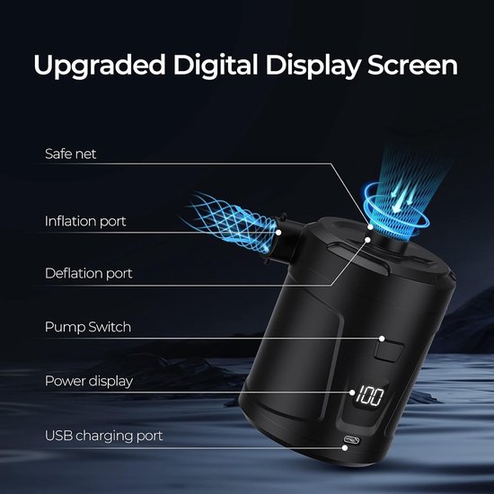 Luchtpomp-Luchtcompressor - Elektrische luchtpomp - Zwembadpomp-Draagbaar- Met LED-batterij-indicator-5200 mAh - 40 0 l/min-Oplaadbare accu - Met 4 spuitmonden - Snelpomp voor boot/luchtbed - zwart van Merkloos — afbeelding 5