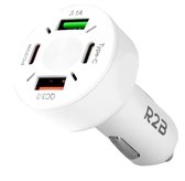R2B Autolader USB C & USB A - 4 poorten - Veilig en Compact - Auto Snellader - Auto Oplader Sigarettenaansteker USB C - USB lader - Auto Adapter - Wit