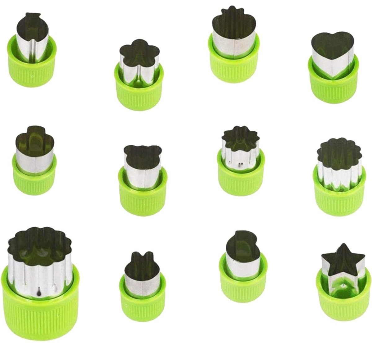 Daity 12-pack - Kinderkoekjesvormpjesset - 12 koekjesvormpjes met veiligheidsgrepen - mini-groente- en fruitvormpjes van roestvrij staal (groen)