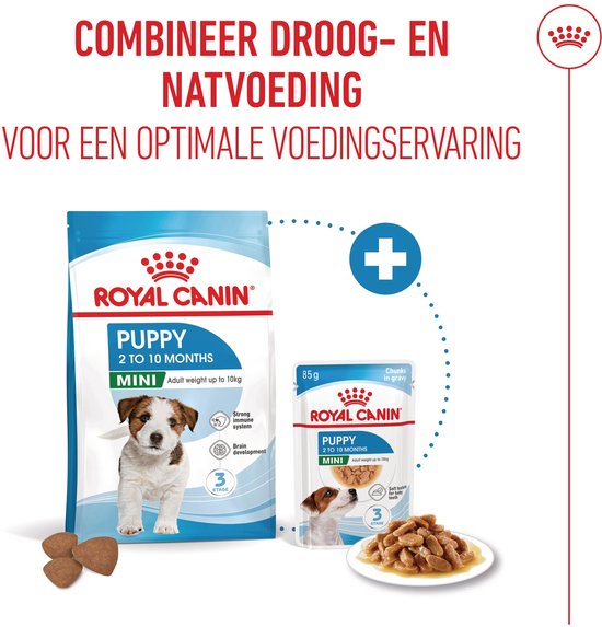 Combinatie van Royal Canin Puppy Mini nat- en droogvoeding voor een optimale voedingservaring.