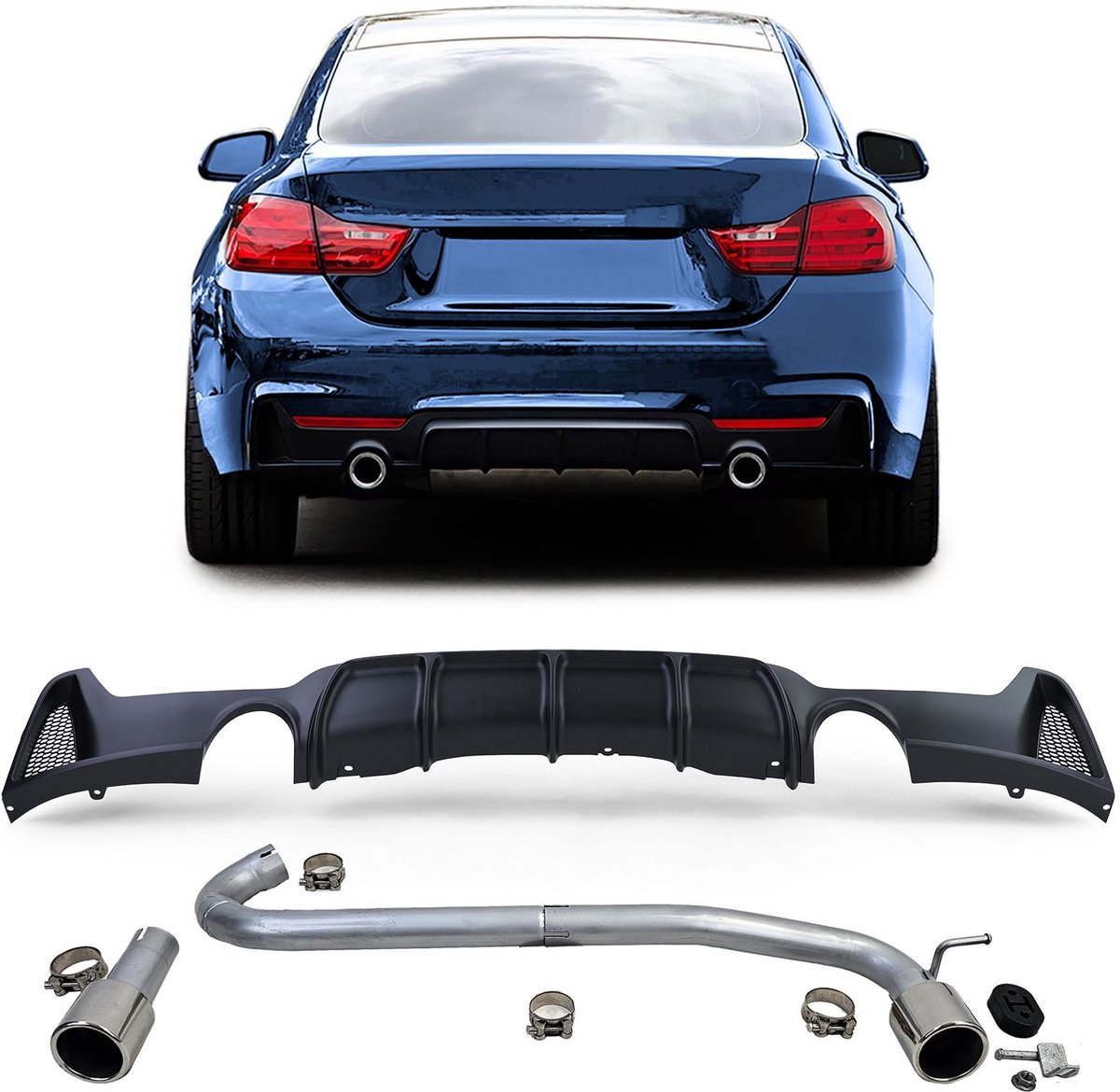 Sport Diffuser Mat Zwart + Uitlaat Chrome Sierstuk Voor Bmw 4 Serie F32 F33 F36 425 428 430 M Pack M3 M4 Performance Look