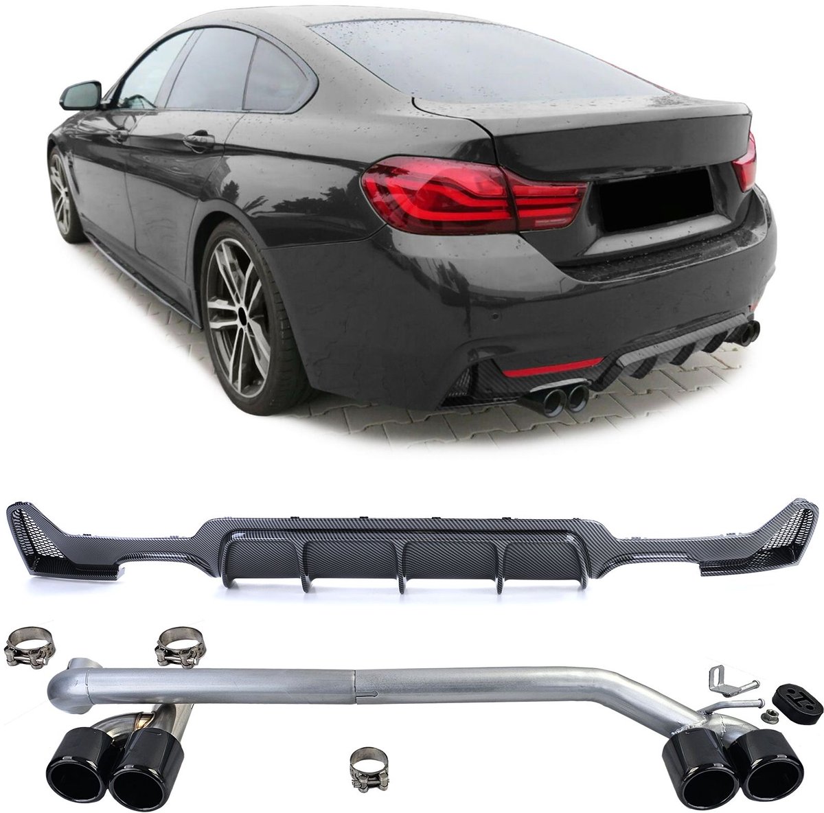 Sport Achterbumper Diffuser Carbon Look + Sport Uitlaat Zwart Sierstuk Set Geschikt voor BMW 4 Serie F32 F33 F36 (425d, 428i, 430i)