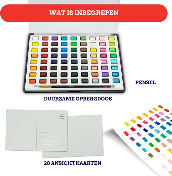 Mikkelhus Aquarelverf Set - 72 kleuren aquarelverf met 20 blanco ansichtkaarten en kwast