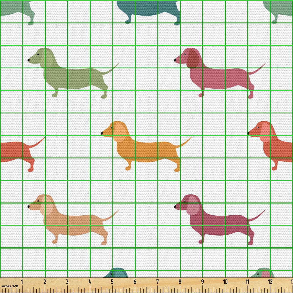 ABAKUHAUS Scottie Dog Stof per Meter, Kleine Teckelrassen, Hoogwaardige Geweven Stoffen Woonaccessoires, 5M (148x500cm), Groen Oranje Rood