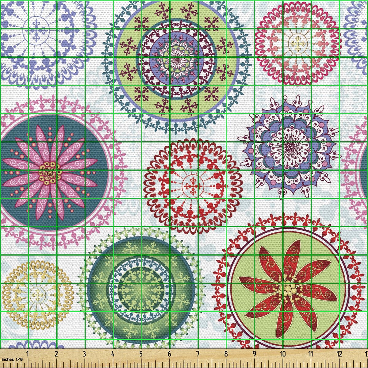 ABAKUHAUS Mandala-stof per meter, vintage sierlijke cirkels, hoogwaardige stoffen bekleding voor woonaccessoires, 10 m (148 x 1000 cm), groen/paars