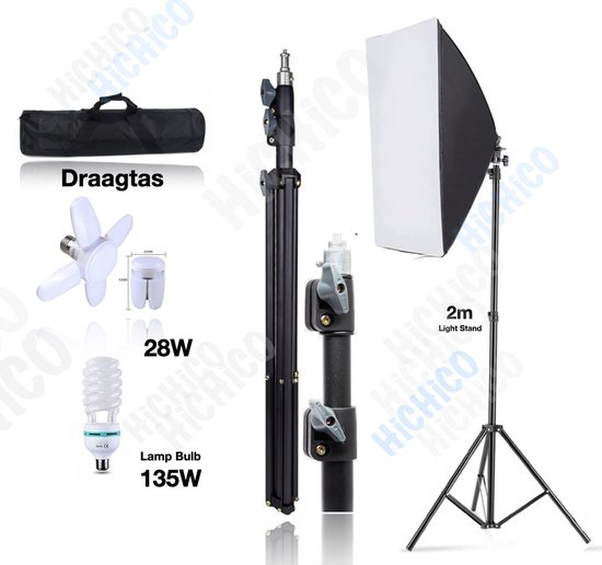 Foto: Studiolampen hichico studioflitsers softbox fotostudio set fotolamp fotografie softbox draagtas 70x45x45 lamp 130w en 28w en professionele licht stand