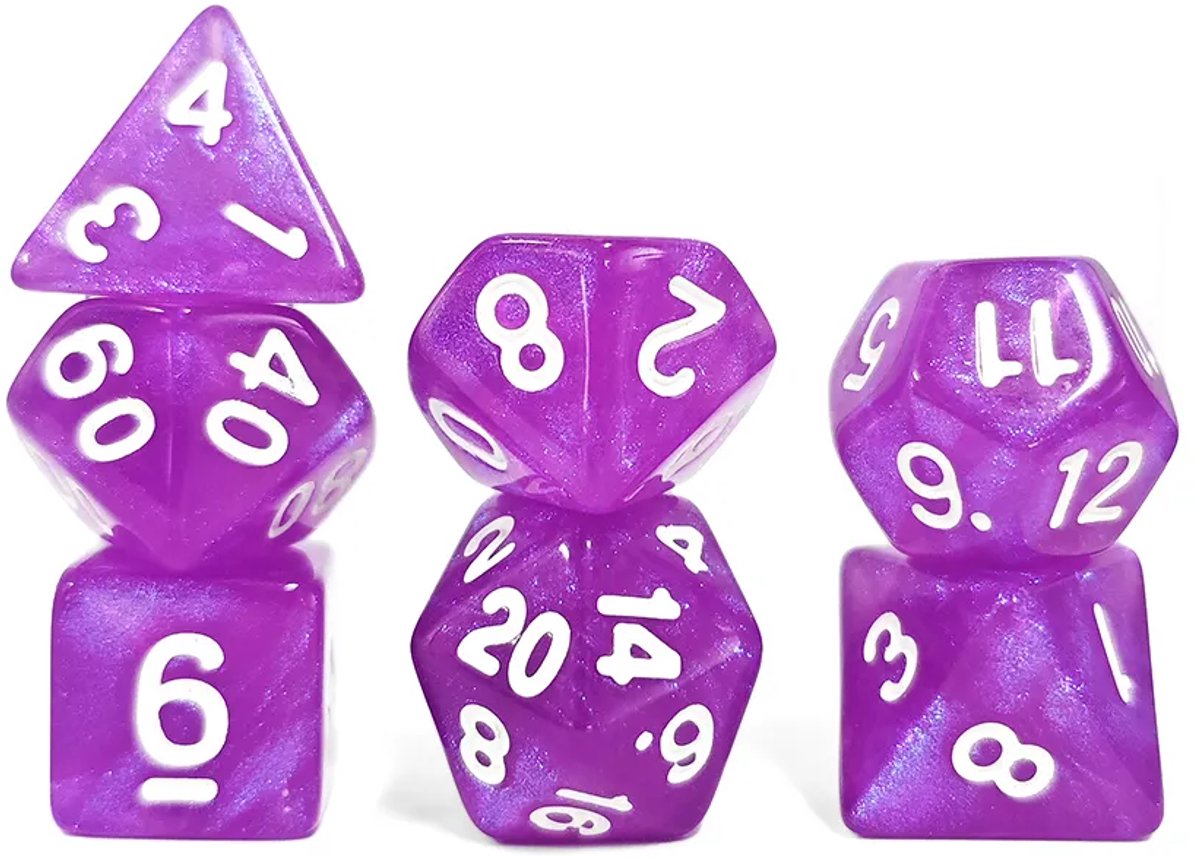 Nereb – Dobbelstenen Set 7-delig – D20 D12 D10 D8 D6 D4 – Paars – Inclusief Bewaarzakje – Voor RPG & Tafelspellen