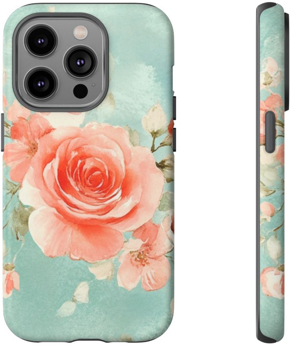 Aquarel Roze Rozen op Turquoise Achtergrond – Telefoonhoesje Geschikt voor iPhone 14 Pro