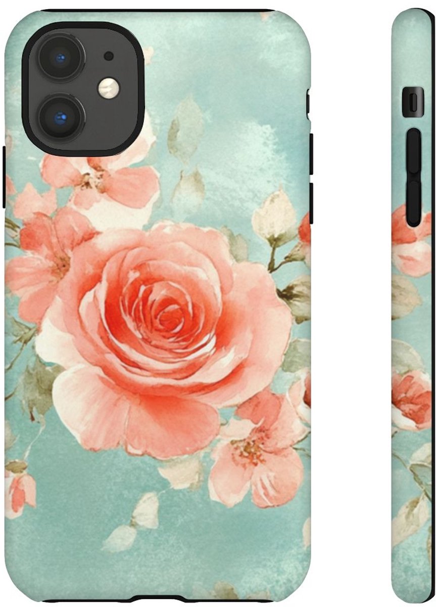 Aquarel Roze Rozen op Turquoise Achtergrond – Telefoonhoesje Geschikt voor iPhone 11