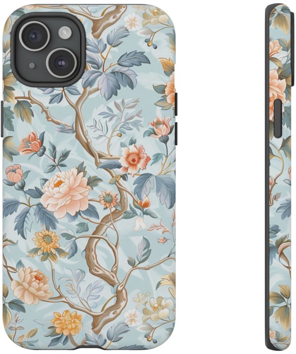 Pastel Chinoiserie Bloemenpatroon – Telefoonhoesje Geschikt voor iPhone 15 Plus