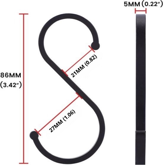 Afmetingen van een zwarte S-haak: 86 mm lang, 21 mm opening boven, 27 mm opening onder, 5 mm dik.
