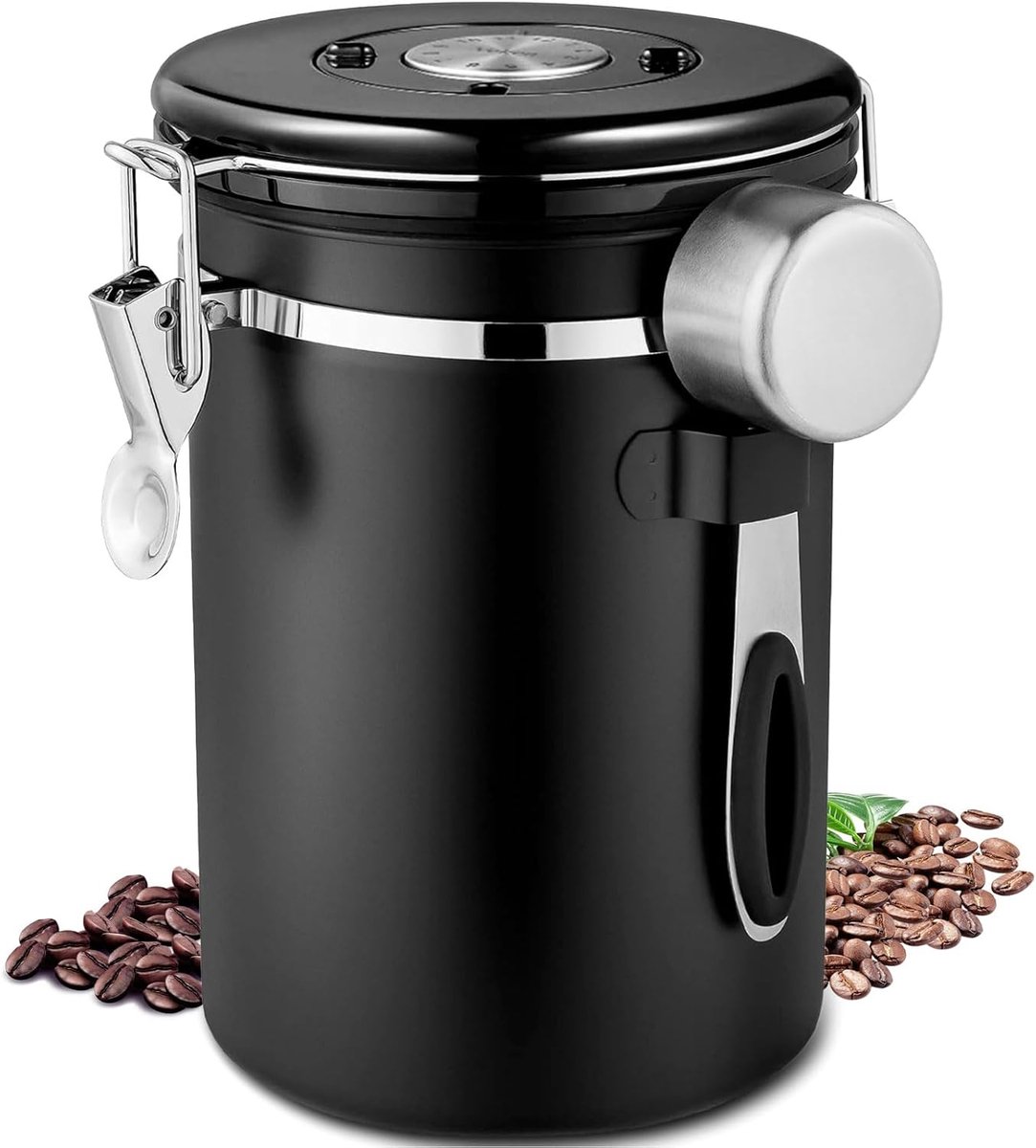 Koffieblik van roestvrij staal, luchtdicht, met roestvrijstalen lepel, 750 g/1,8 l, vacuüm koffieblik met datumtracking, voor koffiebonen, koffiepoeder, koffiecontainer, zwart