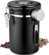 Koffieblik van roestvrij staal, luchtdicht, met roestvrijstalen lepel, 750 g/1,8 l, vacuüm koffieblik met datumtracking, voor koffiebonen, koffiepoeder, koffiecontainer, zwart
