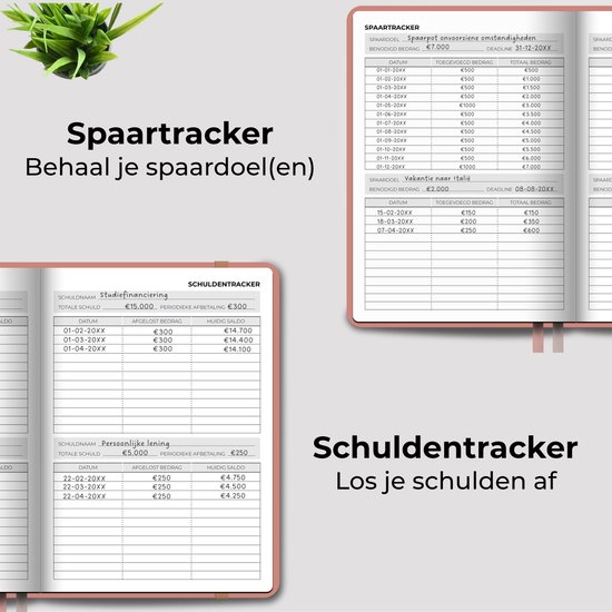 Open budget planner met spaar- en schulden trackers, inclusief tabellen en financiële overzichten.
