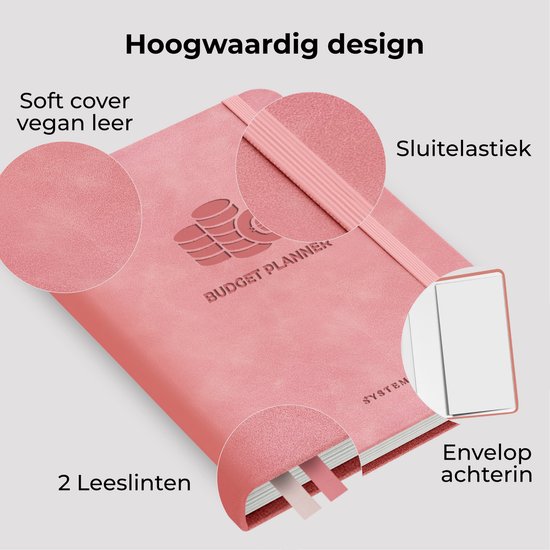 Roze budget planner met zacht vegan leren omslag, sluitelastiek, 2 lintjes en envelop achterin.