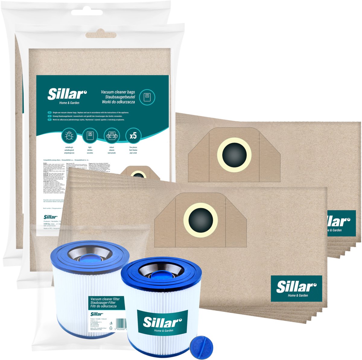 Sillar Stofzuigerzakken, papieren, met sluiting, 10 stuks + 1x stofzuigerfilter, waasbar, set voor stofzuigers, vervangers, compatibel met Karcher serie A, K, NT, MV, SE, WD, WD2-3