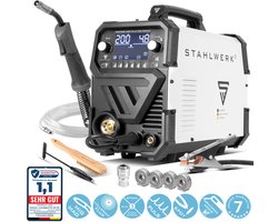 STAHLWERK MIG MAG 200 Pulse Pro Digitale gas-afgeschermde vlambooglasmachine | IGBT-omvormer met 200 A, synergische draadaanvoer, aandrijving met 4 rollen, FLUX, Lift-TIG en MMA/ARC-functie | MIG-puls voor aluminium