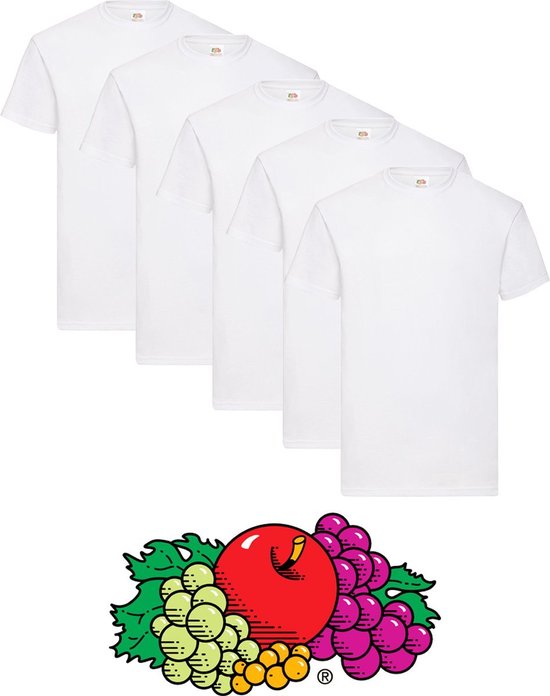 5 Pack Fruit of the Loom Original Heren T-Shirt 100% katoen Ronde hals - (WIT)