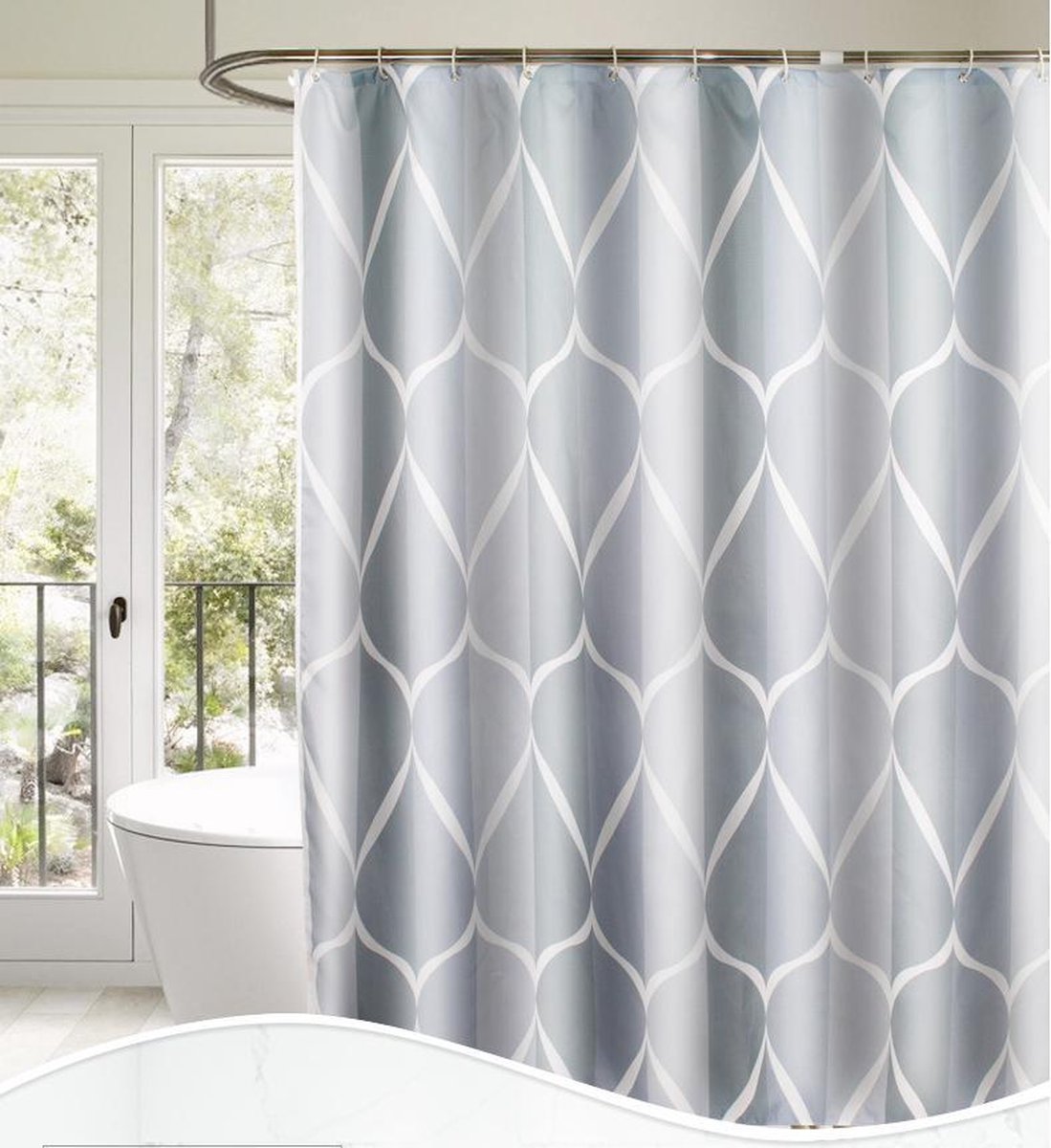 Sandesen® Douchegordijn Lichtgrijs met wit druppelpatroon 100x200cm ringen inbegrepen