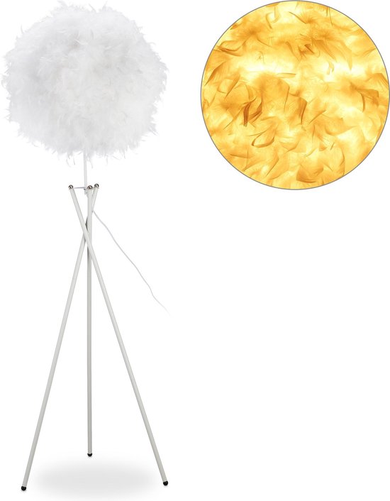 bol.com | relaxdays vloerlamp veren - staande lamp woonkamer - veerlamp -  driepoot - stalamp wit